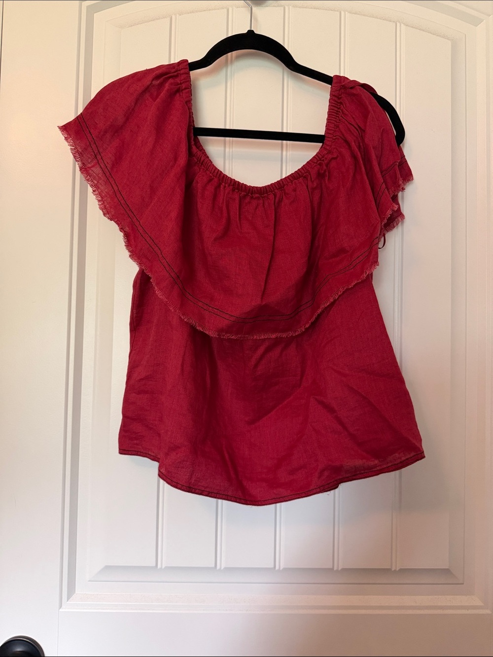 1. State Red Off-Shoulder Ruffle Peasant Top